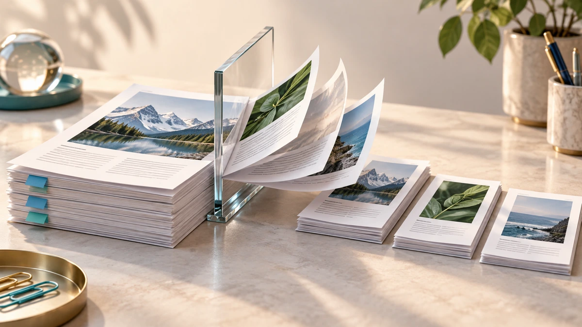 A large document separated into smaller groups of pages on a desk