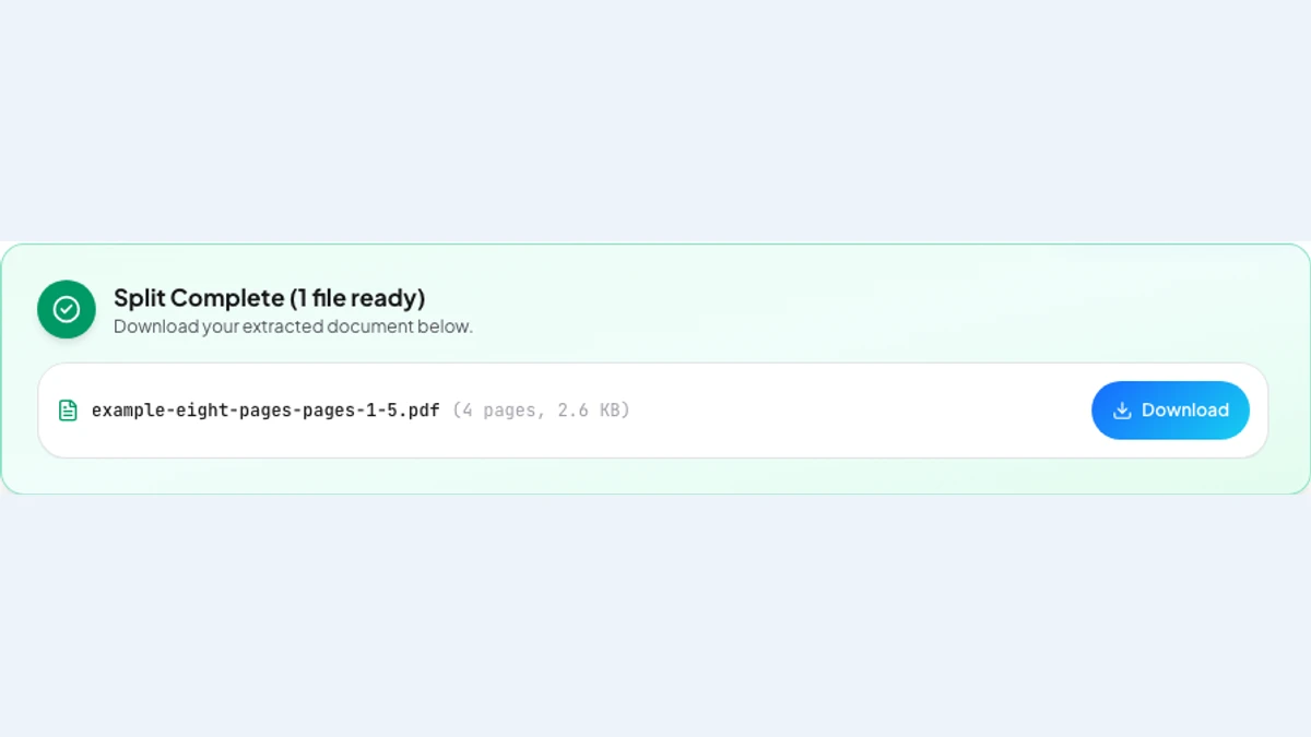 Pexlii reports Split Complete with one four-page PDF ready and a Download button