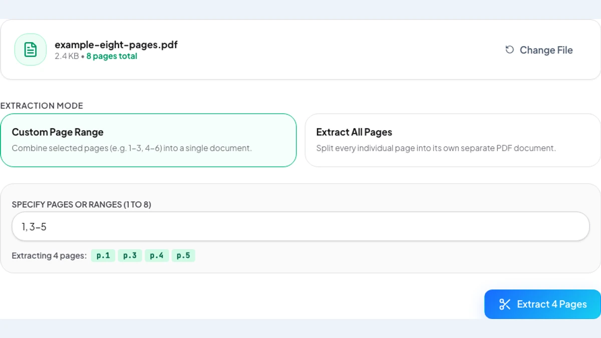 Pexlii Custom Page Range set to 1, 3-5, with preview badges for pages 1, 3, 4, and 5 and an Extract 4 Pages button